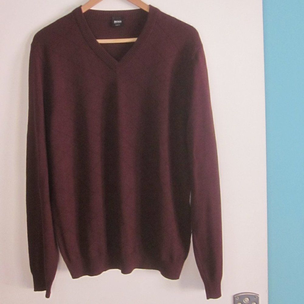 Hugo Boss Mens Sz XL Dark Burgundy Wool Pullover Fitted Sweater Lightweight Knit - Picture 5 of 16